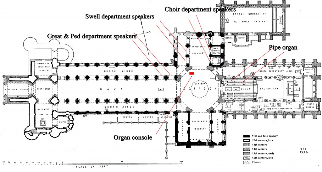 Ely Cathedral floor plan with speaker positions indicated