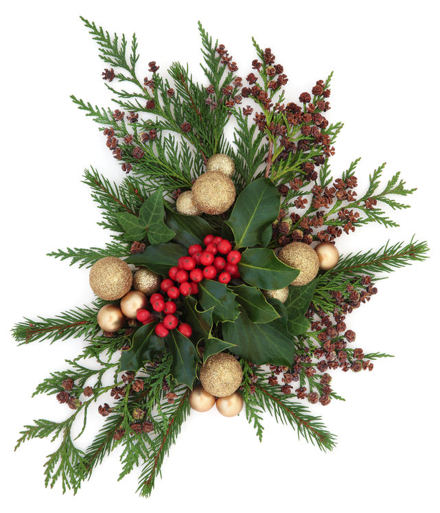 Christmas flora with gold bauble decorations, holly, ivy and winter greenery.