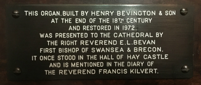 Brecon Cathedral Bevington organ plaque