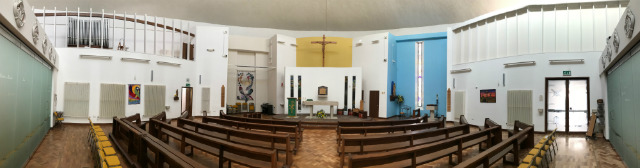 Interior of Our Lady and The English Martyrs showing the pipe organ on the balcony
