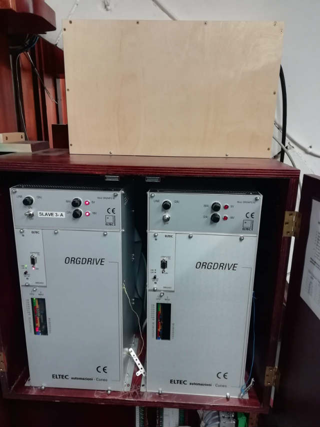 Organ control interfaces with our remote box mounted above