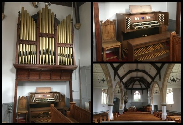 Digital Church Organ installation at Moravian Church. The Viscount Envoy 33 DFV organ under old pipe organ facade.