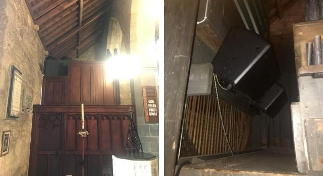 Organ speakers on top of swell box and Swell speakers fitted below shutters in chamber.