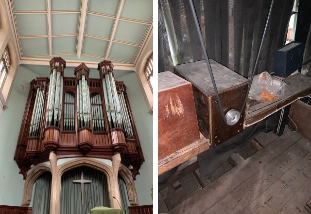 Pipe Organ case concealing rotating speakers and motor to drive the array.
