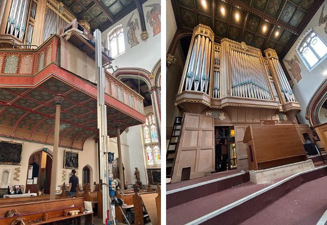 Organ lifted in to place (left) and Ouverture console in front of pipe case (right)