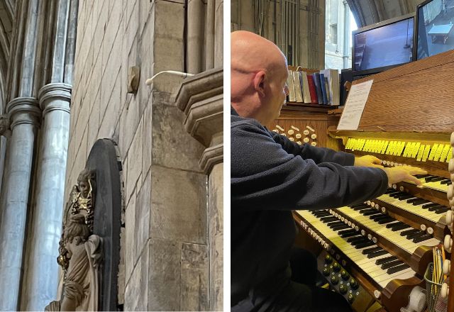 Microphone picking up organ sound (left) and Stephen Smith at the organ console (right).