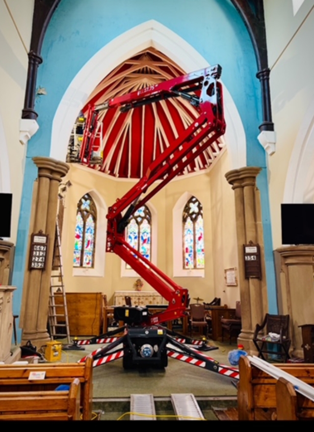 Scissor lift to install speakers in St Michaels