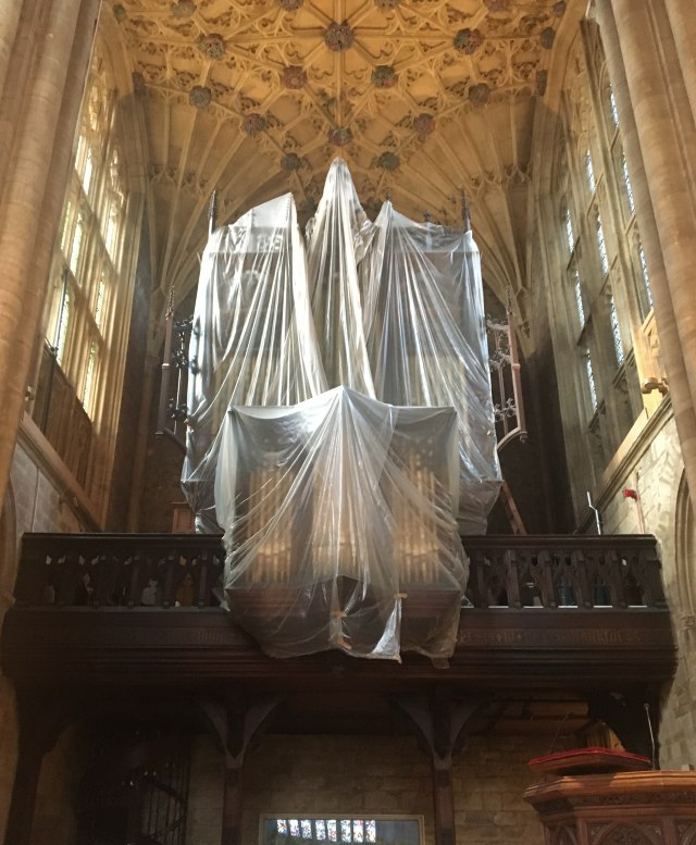 Sherborne pipe organ wrapped in plastic
