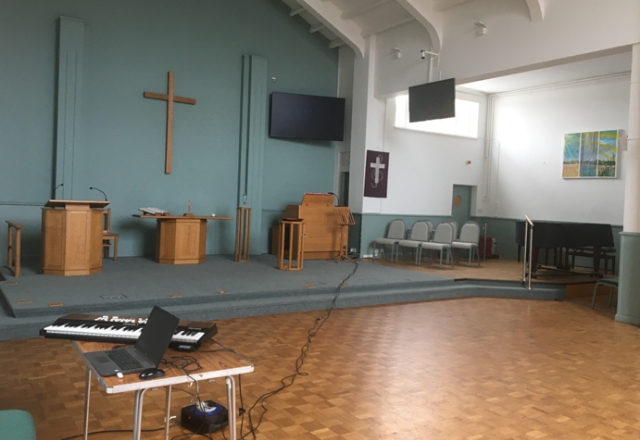 Our remote keyboard and laptop being used to voice the new Viscount organ from the main body of the church
